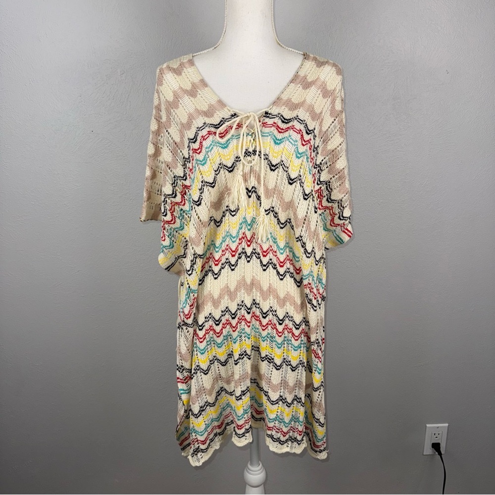 Boho OS Chevron Crochet Poncho Kimono Tunic Beach Cover-Up Hippie Resort Chic